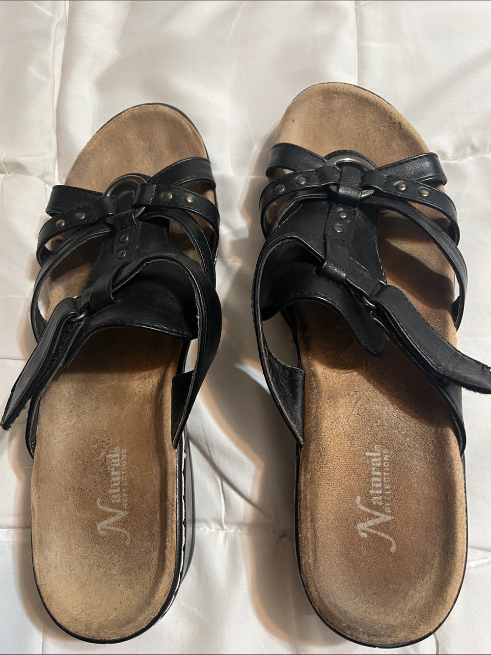 Natural Reflections Black Leather Strappy Comfort Sandals
